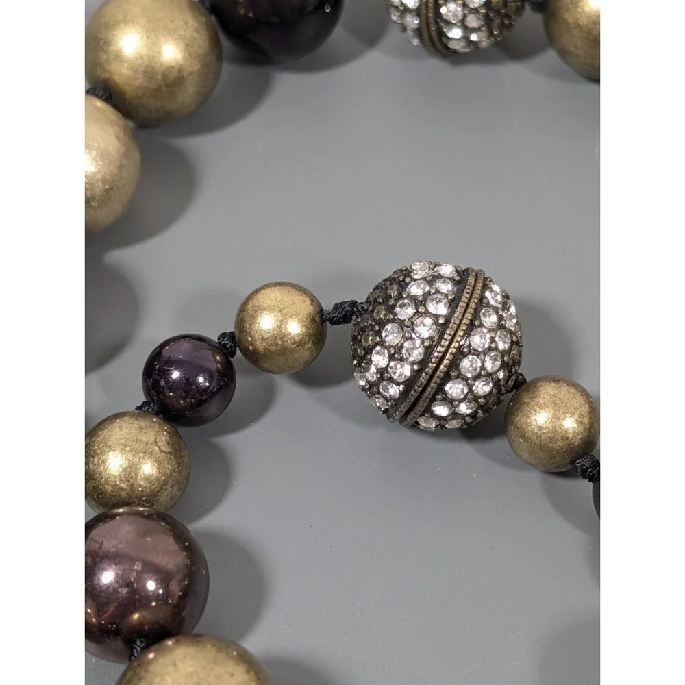 Bronze‎ Tone Black Bead Chunky Magnetic Clasp Rhinestone Necklace Bracelet Set